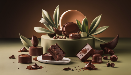A serene and elegant scene featuring a luxurious assortment of vegan chocolate treats artfully arranged with cacao elements, set against a harmonious color palette of deep browns, soft greens, and warm neutrals.