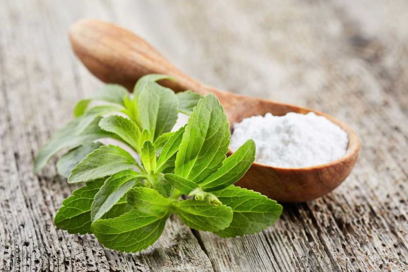 stevia plant next to a wooden spoon of stevia powder